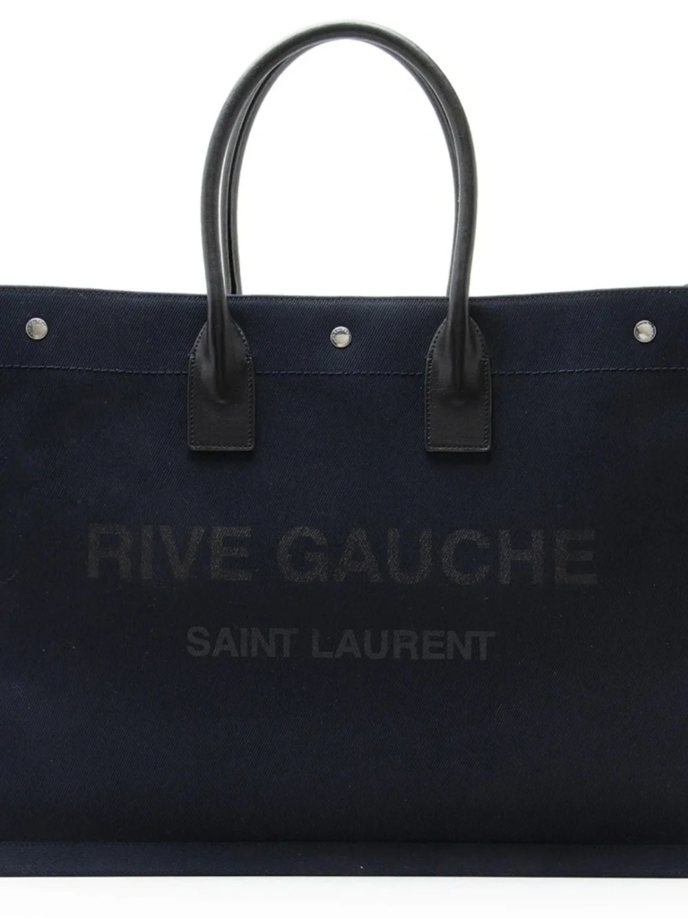 Saint Laurent YSL Rive Gauche Navy Black Canvas Logo Leather Tote Bag
